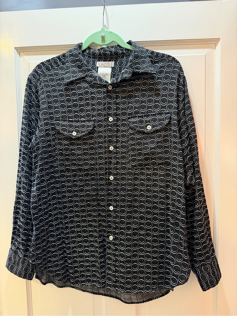 Vintage 90s Esprit Smiley Face Button Down Shirt Women’s Size L Black Rayon